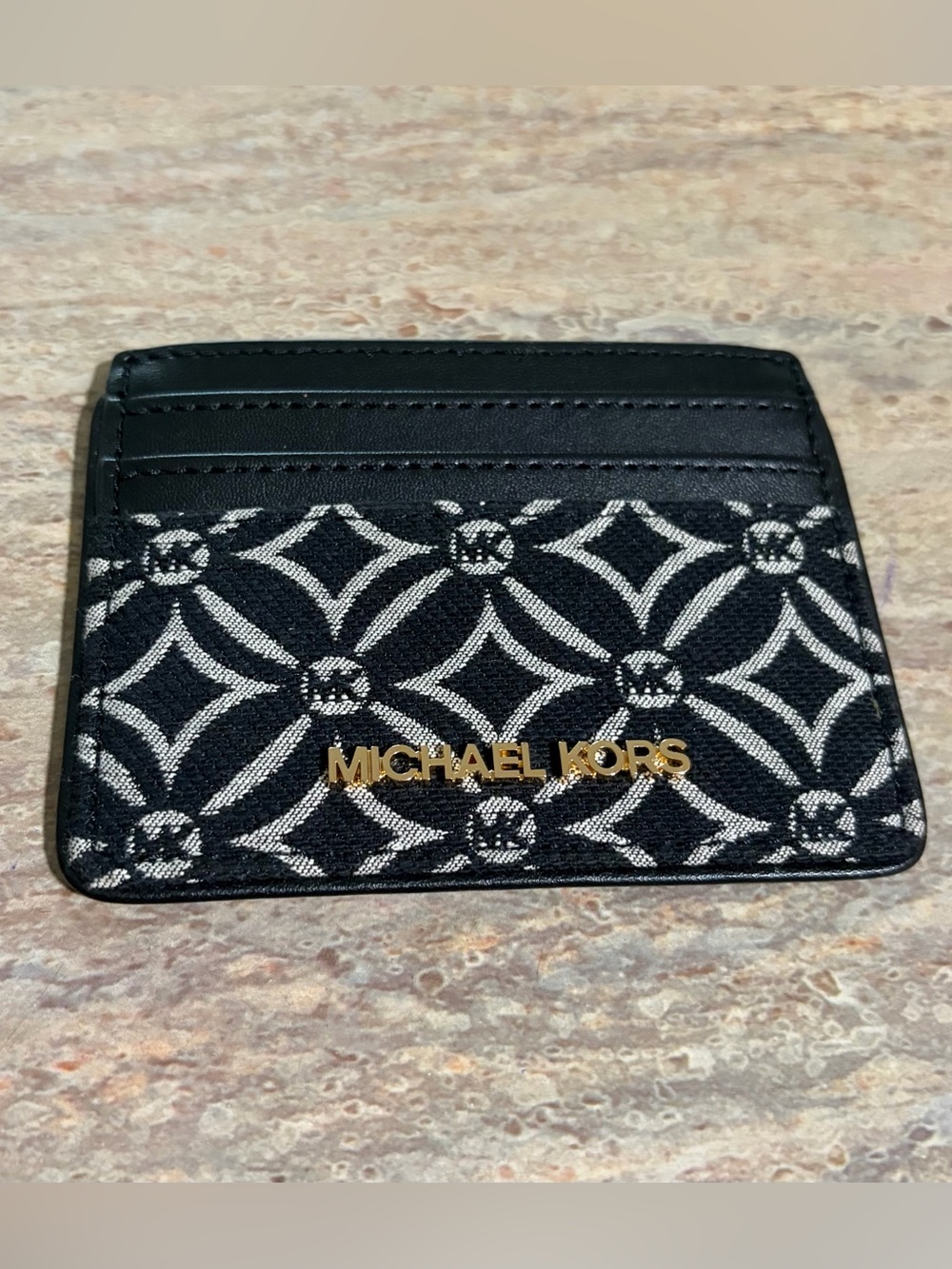 NWOT Michael Kors Black and White Patterned Geometric Card Holder with Gold Logo - Picture 9 of 11